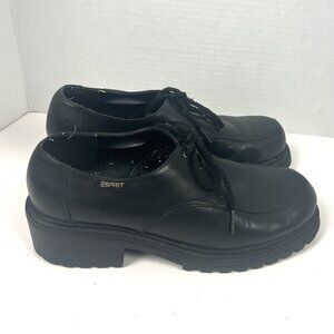ESprit 7.5 Black Lace Up Oxford Chunky Shoes 90s Y2K Leather School Girl CLAY‎
